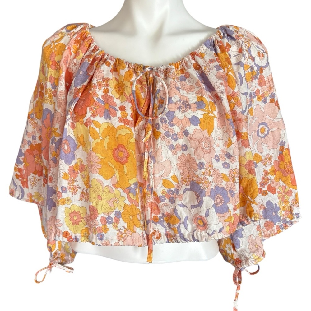 Rachel Zoe NWT Linen Rayon Funky Floral Festival Cropped Smocked Top Sz M